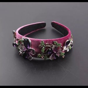 Pink velvet headband with rhinestone